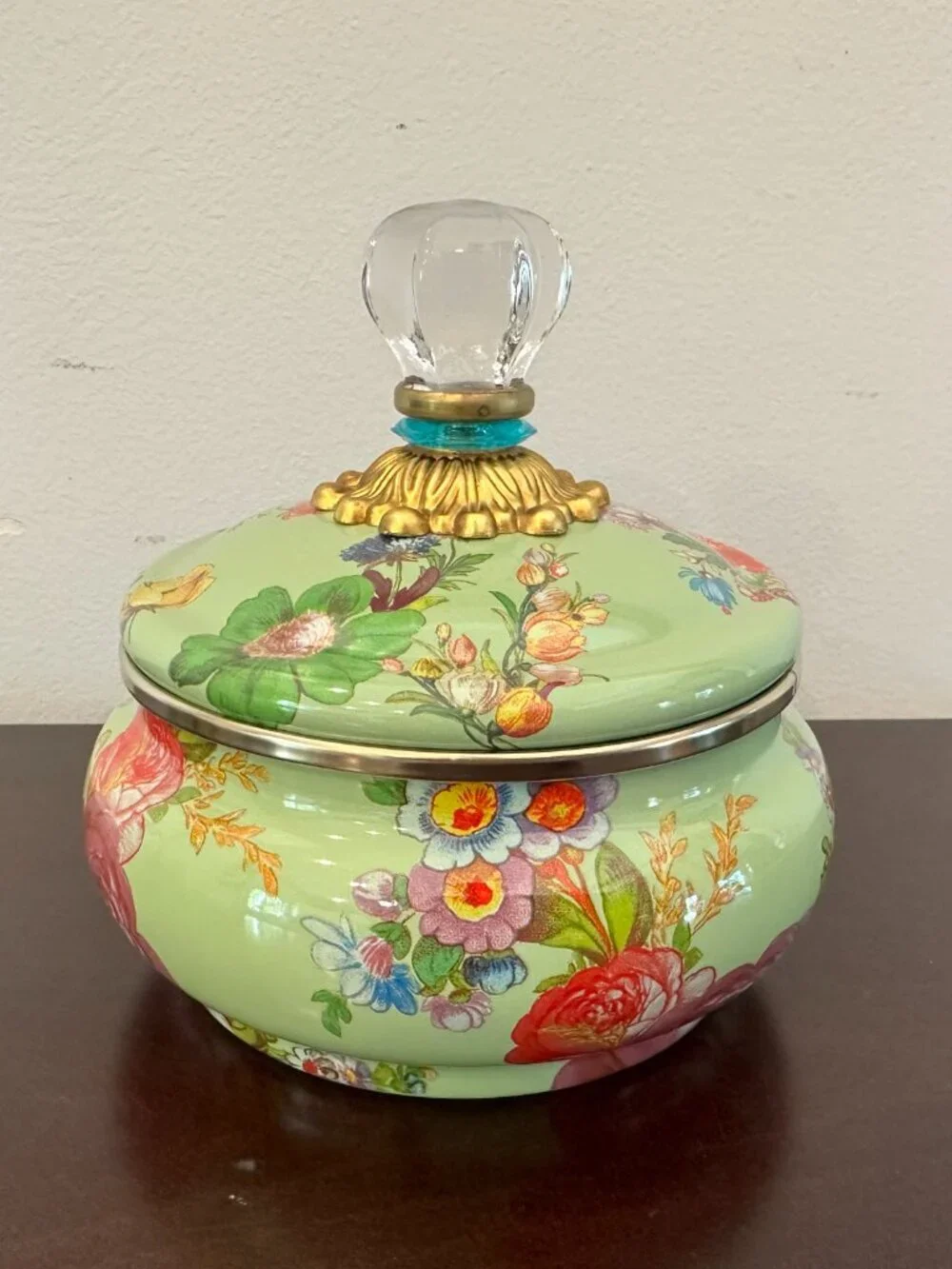 Mackenzie Child Green Flower Market Squashed Enamel Metal Pot Retired Blue Ring